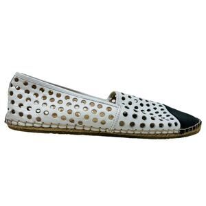 Loeffler Randall Leather Perforated Slip On Espadrille White Black Cap Toe - 9B